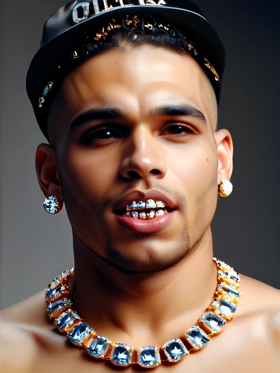 score_9, score_8_up, score_7_up, source_realistic, rating_questionable, rating_explicit, UHD, 8K, ultra detailed, highly realistic photo of UHD, 8K, ultra detailed, highly realistic medium shot,  solo, attractive Latino, Hispanic  man  , blingbling  open mouth, visible bejeweled teeth  <lora:blingbling_PDXL_v1:1>,   chest harness  , earrings,  background is an empty room,   (high resolution 8K photo quality:1.3), 4k epic detailed, 35mm film, sharp focus, high budget,,