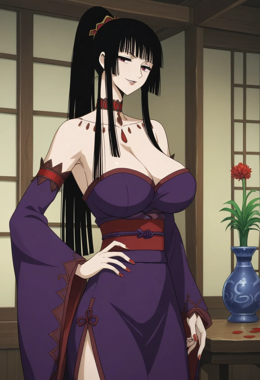 yuuko1, 1girl, black hair, long hair, cleavage, large breasts, solo, hime cut, red eyes, japanese clothes, bangs, choker, mature female, sagging breasts, strapless, parted lips, looking at viewer, detached sleeves, hand on own hip, nail polish, vase, garden, armpits, jewelry, smug, ponytail, purple dress, kimono, falling petals, score_9, score_8_up, score_7_up, score_6_up, score_5_up, score_4_up, <lora:yuuko1-000006:1>