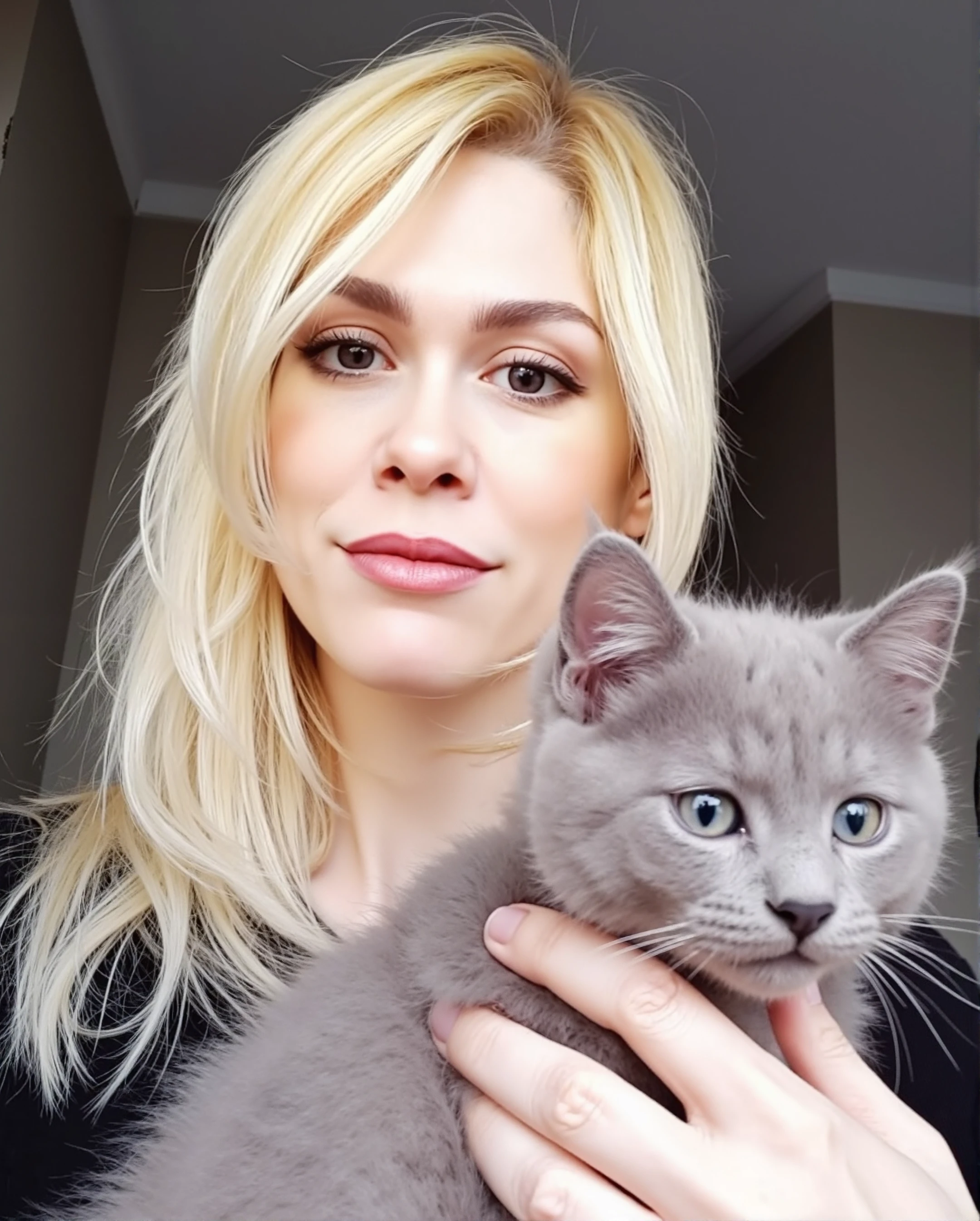 A fashion photograph of L3M01N3, holding a grey kitten. Her long blonde hair falls gracefully over her shoulders.<lora:flux\personas\Lemoine_Flux.safetensors:1.1:1.1>