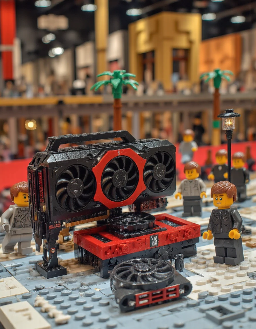 <lora:Lego_Set_Maker:1> Lego version of a Radeon RX 7900 XTX <lora:Radeon_7900XTX:1> in the middle of a showroom with lego people looking at it.  <lora:Cinematic_Lego:1>