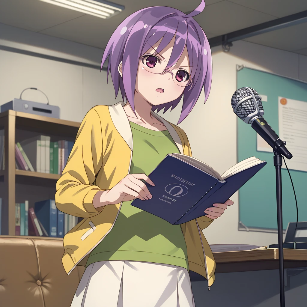 score_9, score_8_up, score_7_up, 1girl, solo, uncensored, futabaichinose, serious, holding notebook, reading, standing, open mouth, glasses, short purple hair, green shirt, yellow jacket, white skirt, indoors, studio, booth, microphone stand <lora:FutabaIchinoseXL_v1.0:1>