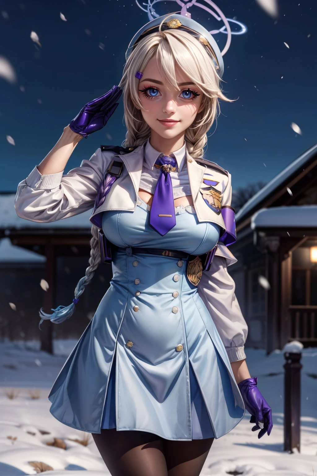 (ultra realistic,32k, masterpiece:1.2),(high detailed skin:1.1),( high quality:1.1), <lora:IllyasvielVonEinzbern_v1:0.7>, zzIllya, looking at viewer, night, outdoors, snowing, sky, BREAK,    <lora:Kirino_BlueArchive_Citron:0.7>, zzKirino, white hair, halo, long hair, twin braids, braid, blue eyes, twintails, ahoge, blue halo, hat, swept bangs, police hat, hair ornament, hair between eyes, breasts, hairclip grey dress, policewoman, salute, smile, white gloves, white jacket, police badge, purple necktie, armband, black pantyhose, blue necktie, purple pantyhose ,  ,BREAK,  blooming stars, luminescent petals, otherworldly fragrance blurry background, (looking at viewer, standing:1.1), huge breast, large breast, <lora:add_detail:0.92>, (glowwave:1.1),