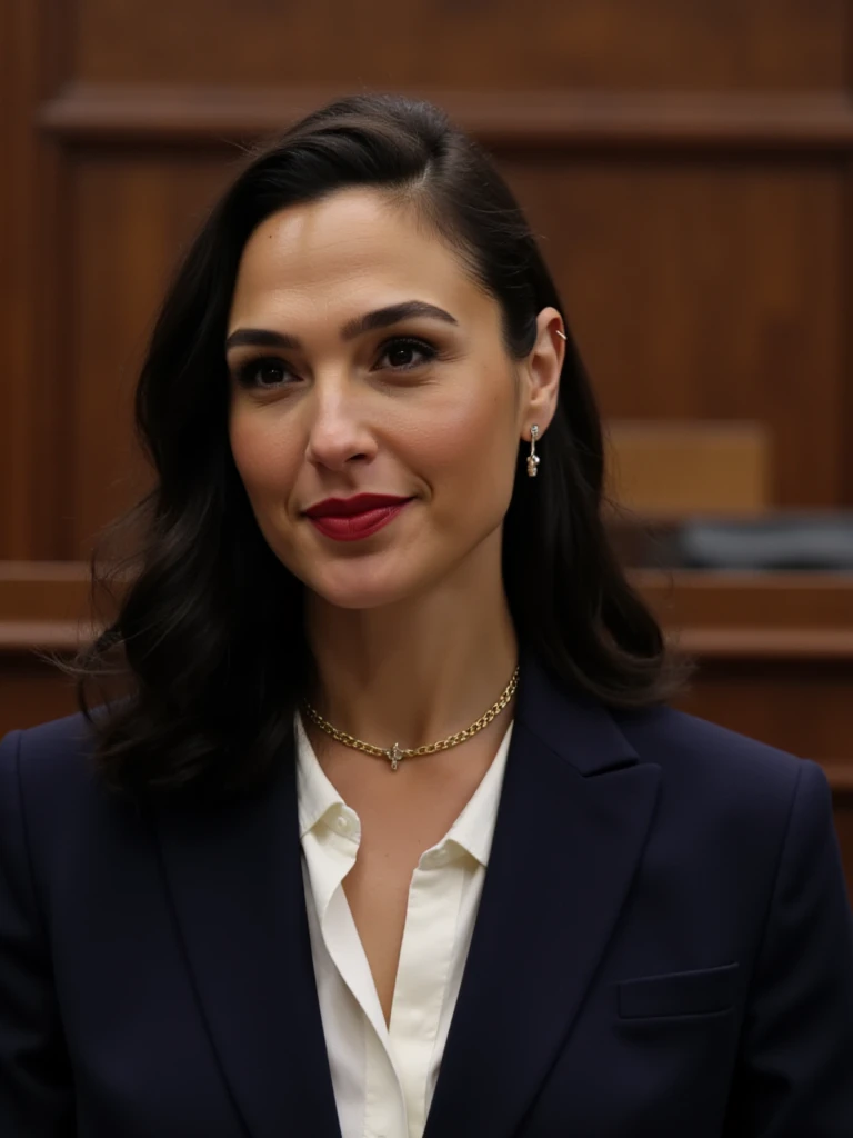 <lora:64164d0t_13F1D-000013:0.9>,(medium closeup) photograph of (beautiful 32 year old) (64164d0t:1.2) woman with dark hair,as a trial attorney lawyer,wearing a (dark blue suit:1.2) with (white blouse:1.4),pleading a case in front of a jury,standing in front of the (witness stand:1.3),with courtroom in background,wearing earrings and a gold necklace,(smirk),lipstick and mascara, face focus,(bokeh),facing viewer,rich details,clear shadows and highlights,realistic,highly detailed,sfw,(no visible cleavage),