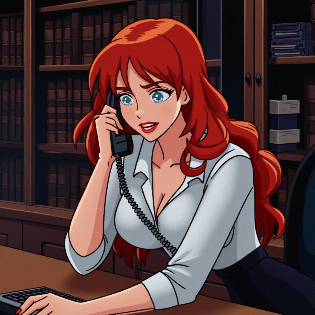 <lora:cartoon batman animated style v1:0.6>
Barbara Gordon a woman with red hair talking on a cordless phone In Gotham City, 1girl, solo, long hair, breasts, open mouth, blue eyes, shirt, skirt, long sleeves, holding, sitting, white shirt, red hair, collared shirt, indoors, tears, mole, mole under eye, phone, cellphone, crying, holding phone, office lady, screaming, book, wide-eyed, bookshelf, scared, talking on phone