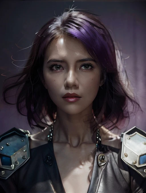 1girl,purple hair,medium hair,messy hair,light makeup,suit,(RAW photo:1.2),(photorealistic:1.2),(masterpiece:1.2),(best quality:1.2),(detailed eyes),realistic style,<lora:Rembrandt Lighting style SD1.5:0.4>,Rembrandt Lighting style,shadow,a gloomy environment,dynamic light and shadow,<lora:RimLight_v3.0:0.4>,rim light,silhouette,purple light and shadow,<lora:gyy:0.8>,contrast,<lora:cog9n05e878c73bpor40:0.6>,Steampunk mecha,