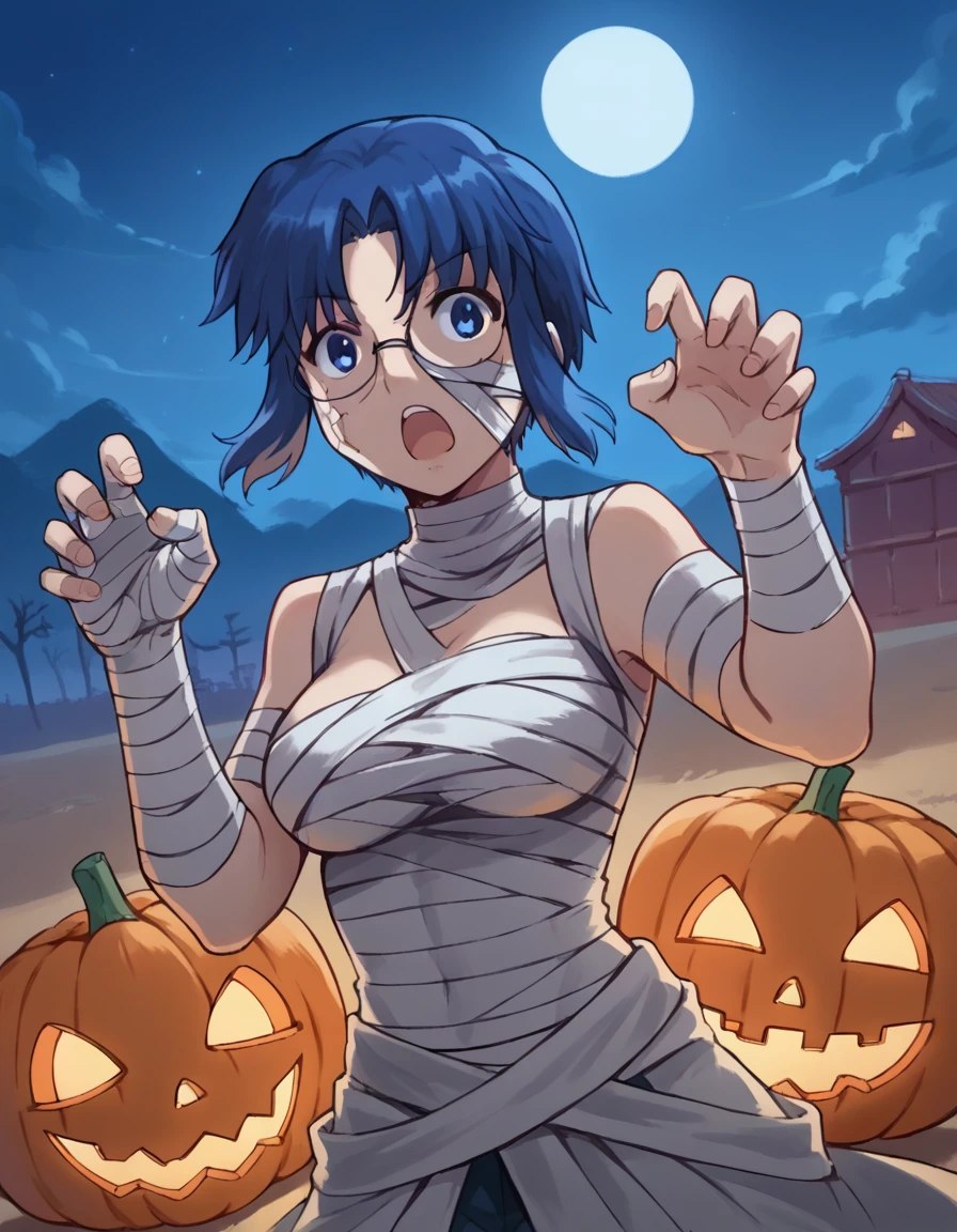 score_9, score_8_up, score_7_up, source_anime, <lora:carnivalphantasm-ciel-ova-ponyxl-lora-nochekaiser:1>, ciel, short hair, blue hair, blue eyes, glasses, ciel (tsukihime), large breasts,, <lora:mummy-costume-ponyxl-lora-nochekaiser:1>, mummy costume, bandages, halloween costume, bandaged arm, zombie pose, bandage on face,, desert, moon, night, open mouth, , dutch angle, cowboy shot