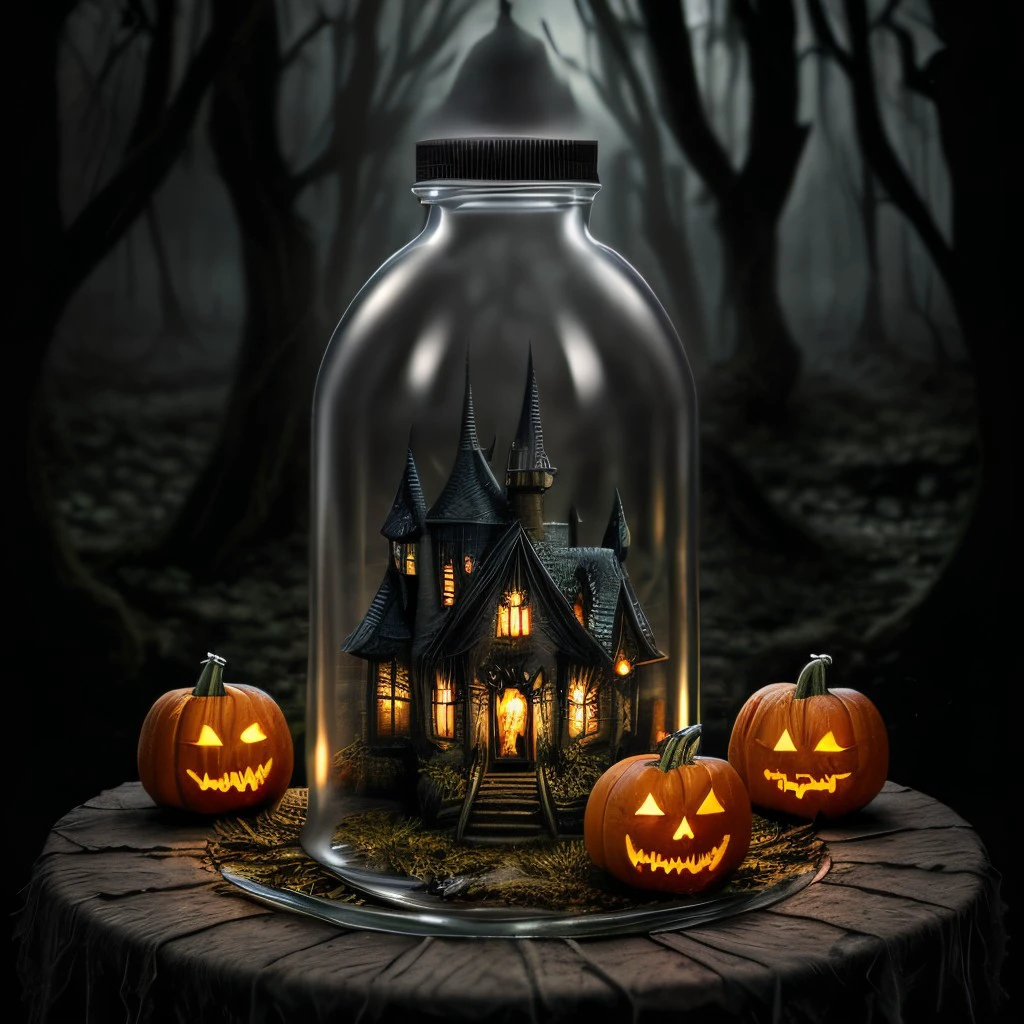 masterpiece, intricate photo, enchanted swamp, haunted house in a glass bottle, magic forest, gothic style, vampire style, dark art, halloween, pumpkins, hyper realistic, highly detailed, sharp focus, cozy outdoor lighting, best quality, high resolution, 8K,  <lora:GlassBottle:0.7>