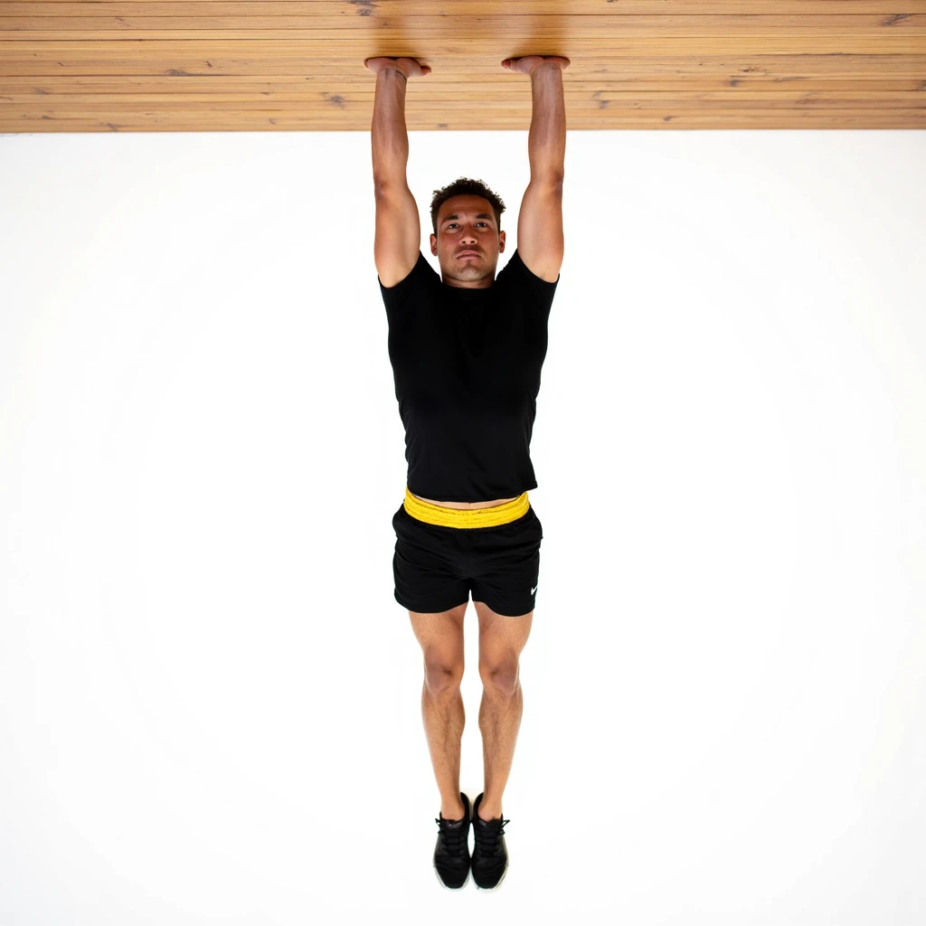 The image shows a man performing a handstand indoors against a wooden ceiling. He is wearing a black shirt, black shorts with yellow lining, and black sneakers. The inversion makes it appear as though he is hanging from the ceiling with his feet pointed toward the floor. The bright, minimalistic background contrasts with the wooden surface above him, emphasizing the effect of the flipped perspective. His facial expression is one of concentration, and his body is fully extended, creating a visually balanced image.