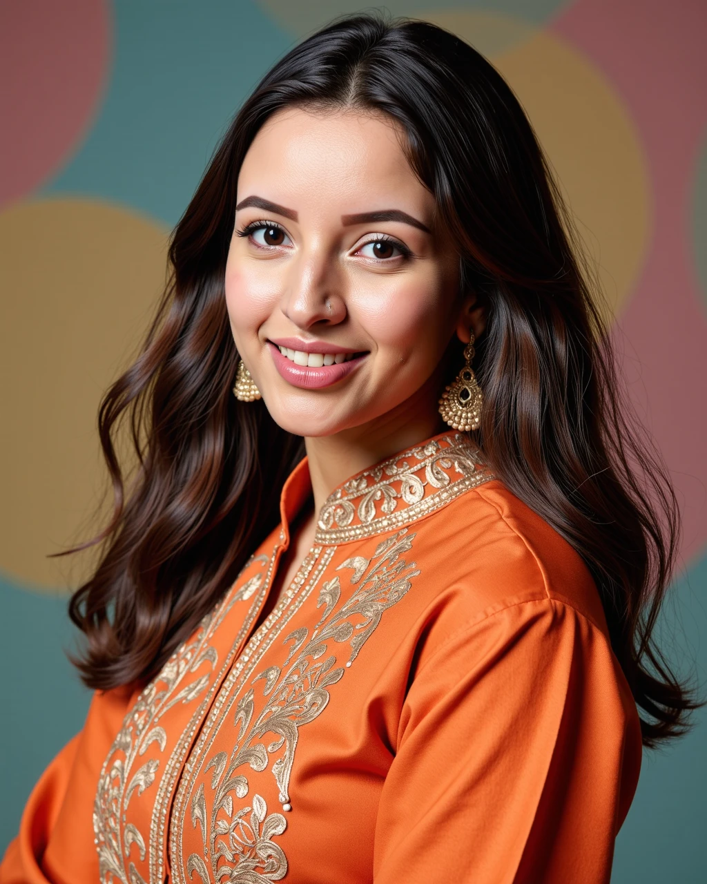 headshot photo of tripti dimri woman,paparazzi photo, grinning face,studio quality, wearing intricate high neck elegant Orange  Abaya Style Suit, curls, darker pastel shaded multicolored background<lora:TestBed\Tripti_Dimri_Flux_Kohya_V1-step00000200.safetensors:1.0:1.0>