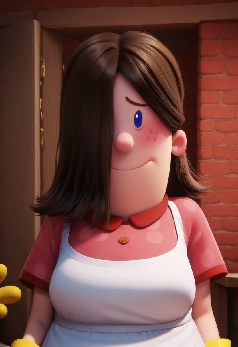 edith (captain underpants), 1girl, dark brown hair, hair over one eye, hair covering one eye, dot blue eyes, freckles, blush, pink polka dot dress, short sleeves, white apron, yellow dishwashing gloves, pink mary janes, white socks, plump, Expressiveh, shy, score_8_up, score_7_up, BREAK, 1girl, solo, looking at viewer, cute, smiling, smug, walking, waving at viewer, female focus, looking at viewer, detailed background, 4k, masterpiece, best quality, highly detailed, realistic, 3d, full shot