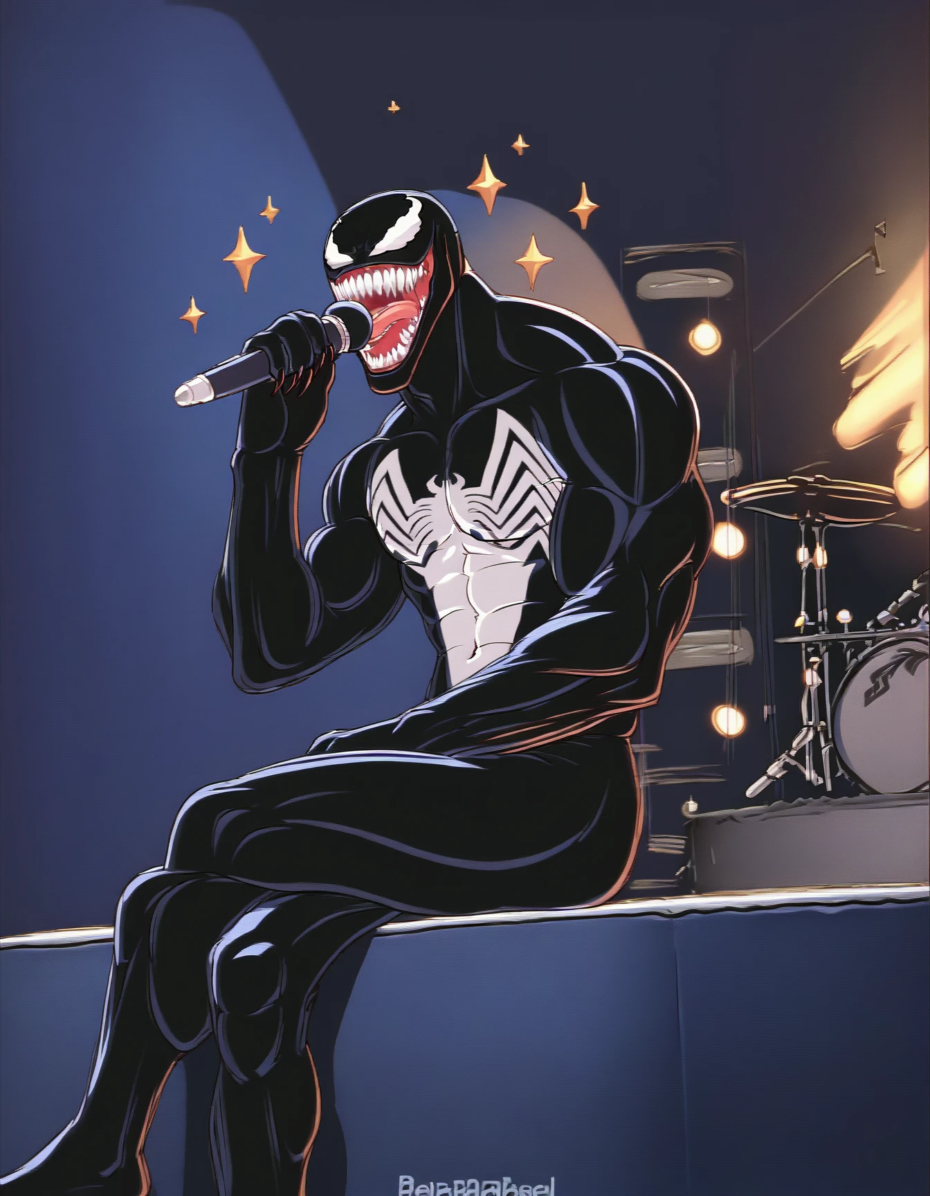 score_9, score_8_up, score_7_up, score_6_up, score_5_up, score_4_up
Venom, black body, claws, sitting, music, crossed legs, holding black microphone, singing, screen <lora:FanScreamingAtMadisonBeer_XLPD:1>
<lora:Venom_XL:0.9>