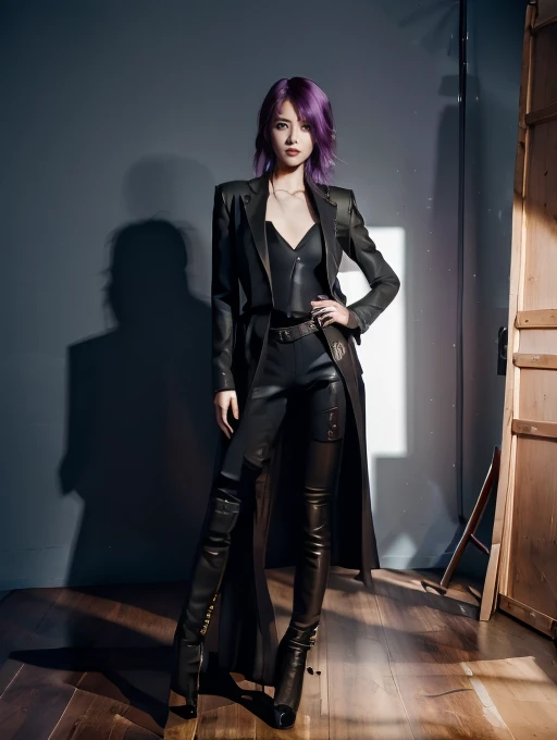 1girl,purple hair,medium hair,messy hair,light makeup,suit,(RAW photo:1.2),(photorealistic:1.2),(masterpiece:1.2),(best quality:1.2),(detailed eyes),realistic style,<lora:Rembrandt Lighting style SD1.5:0.4>,Rembrandt Lighting style,shadow,a gloomy environment,dynamic light and shadow,<lora:RimLight_v3.0:0.4>,rim light,silhouette,purple light and shadow,<lora:gyy:0.8>,contrast,<lora:cog9n05e878c73bpor40:0.6>,Steampunk mecha,full body,