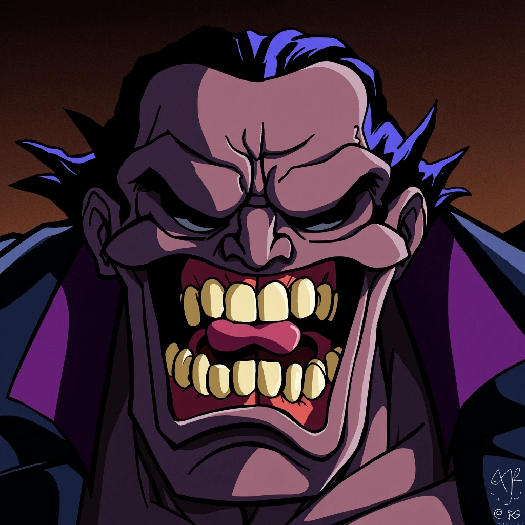 <lora:cartoon batman animated style v1:0.6>
Bane a closeup of a cartoon giant shredded bodybuilding supervillain character with a big mouth and a big grin In Gotham City, solo, open mouth, 1boy, male focus, teeth, tongue, tongue out, scar, parody, crying, retro artstyle, style parody, horror (theme), meme, multiple others, sailor moon redraw challenge (meme)