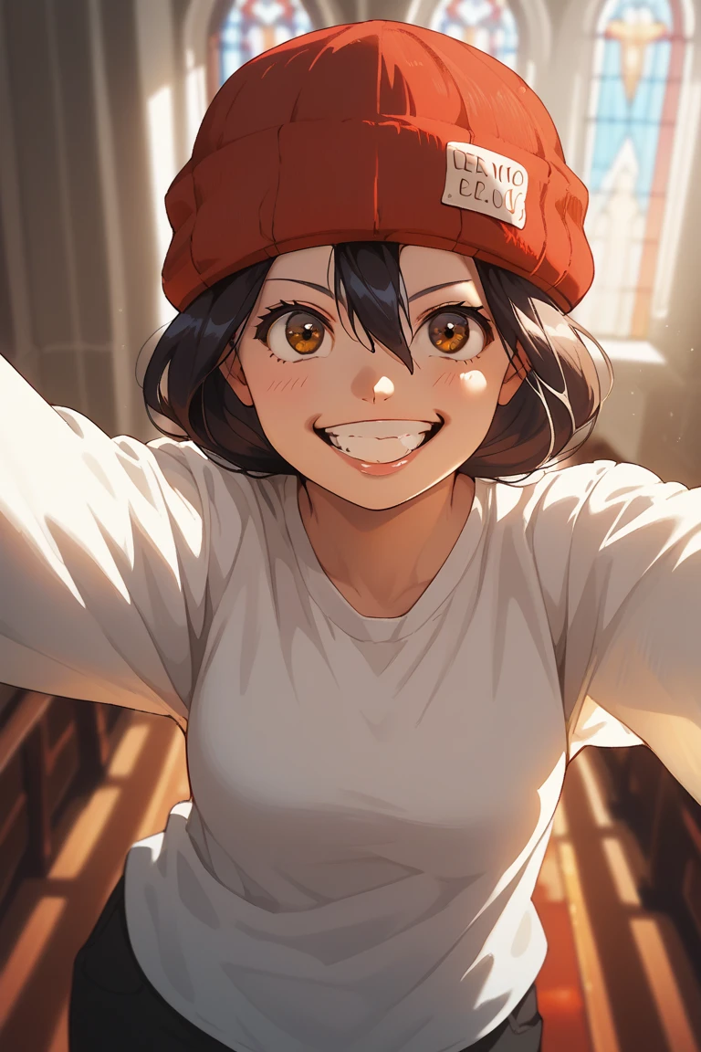 score_9, score_8_up, score_7_up, source_anime, rating_safe, day, natural lighting, female focus, selfie, looking at viewer, outstretched arms, smiling, FuukoUU, black_Fuuko_female hair, brown_Fuuko_eyes, red_Fuuko_headwear, oversized arms, teeth, grin, happy, 1girl, blurry indoors church, from above, dutch angle, intricately detailed illustration, atmospheric perspective, depth of field, realistic shading