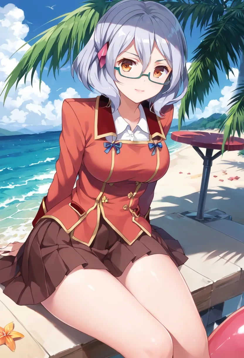 score_9, score_8_up, score_7_up, score_6_up,
masterpiece,

1girl, solo,

Miranda, glasses, orange eyes, hair ornament, semi-rimless eyewear, grey hair, short hair,

red school uniform, skirt, brown skirt,

outside, beach, ocean,