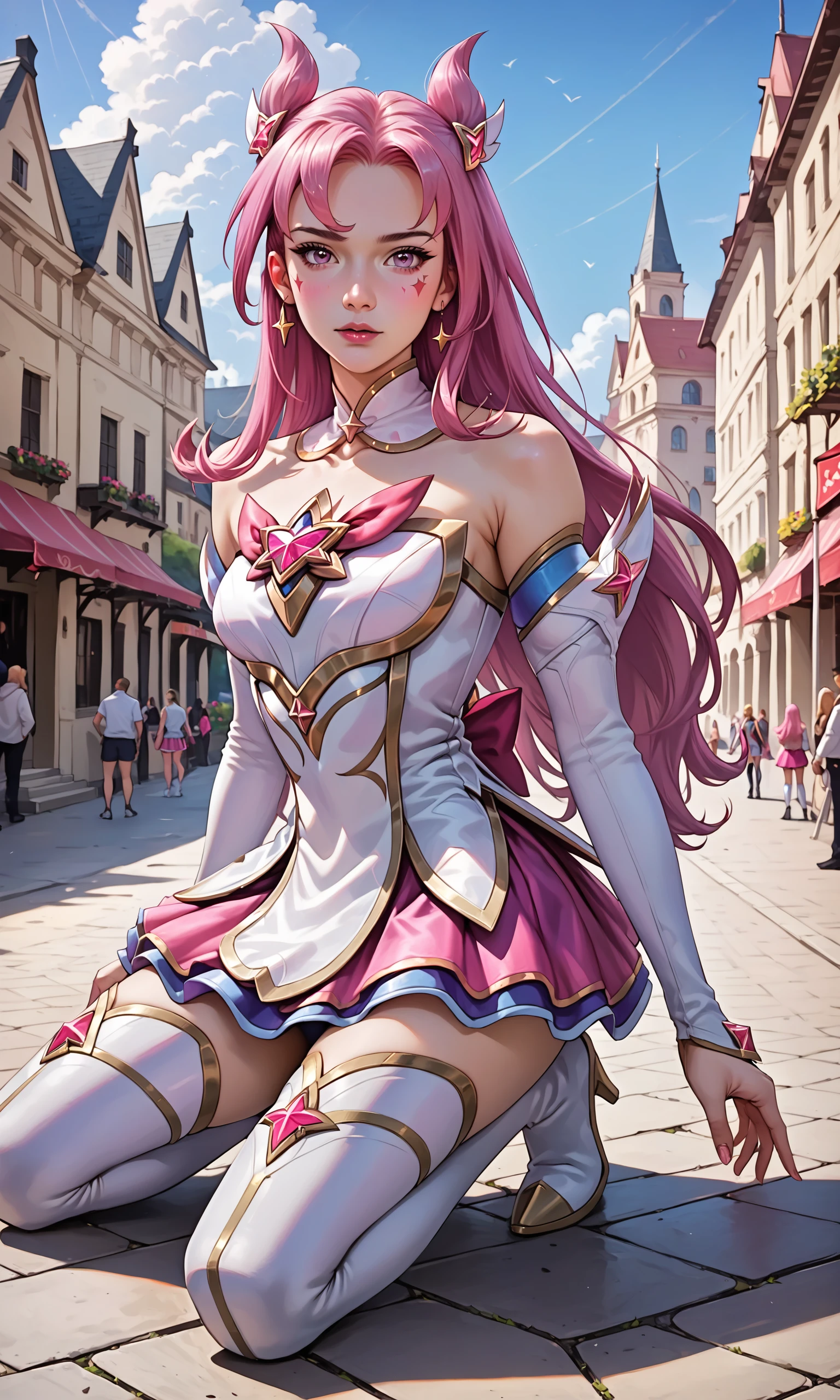 score_9, score_8_up, score_7_up, (1girl), (absurdres, ,highres), (masterpiece, best quality), (perfect details, highest detailed, extreme detailed),

,  (star guardian kai'sa, long hair, pink hair, hair ornament, thighhighs, bare shoulders, bangs, skirt, detached sleeves, boots, high heels, white gloves, thigh boots, pink skirt, pink eyes, facial mark, face markings), outdoors