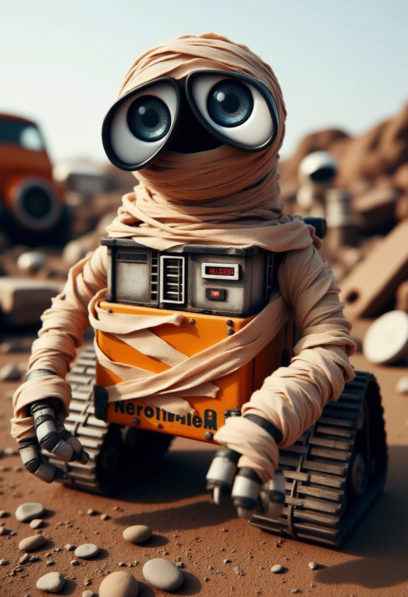 <lora:Mummifier_FLUX:0.8>
The image is a high-resolution photograph featuring Wall-E dressed as a mummy in a junkyard