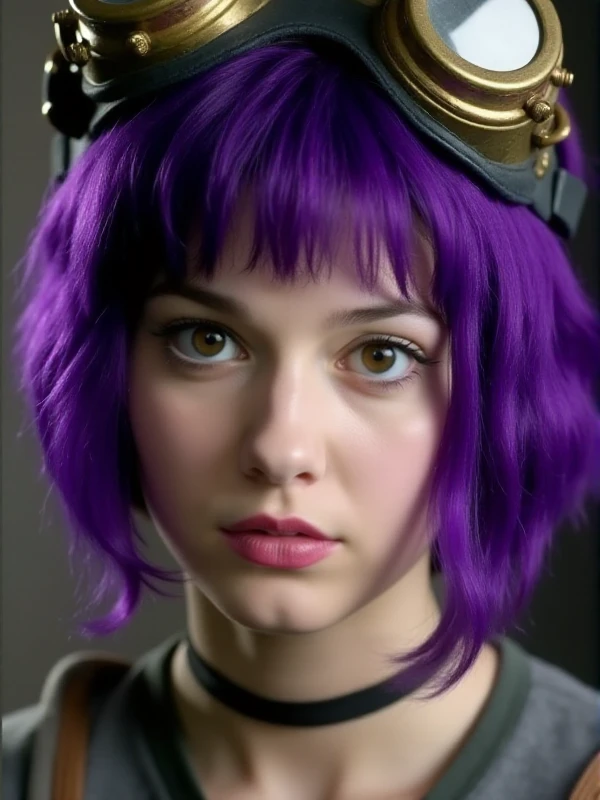 Ramona Flowers wears steampunk goggles on her head. purple hair. closeup face portrait<lora:RamonaFlowers-000012:0.9>