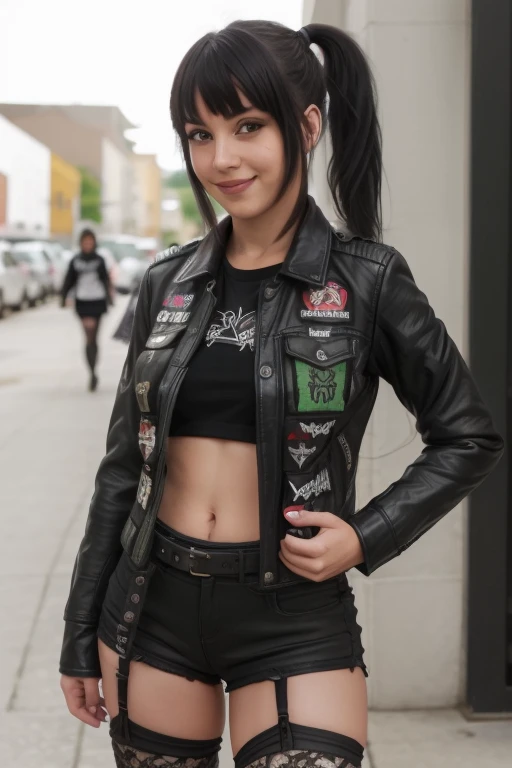 <lora:dsbtlvst-14:0.6> dsbtlvst, leather jacket,  patches, black shorts, smile, woman, black hair, ponytail, asymmetrical bangs, green eyes, fishnet stockings