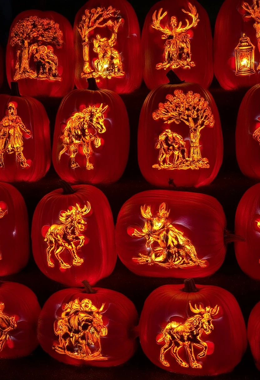 A large pile of pumpkins with intricate designs scratched into their surfaces. The carvings reveal detailed autumn scenes like falling leaves, woodland animals, and glowing lanterns, all in warm, glowing hues. Like you might see on a cozy autumn magazine cover.