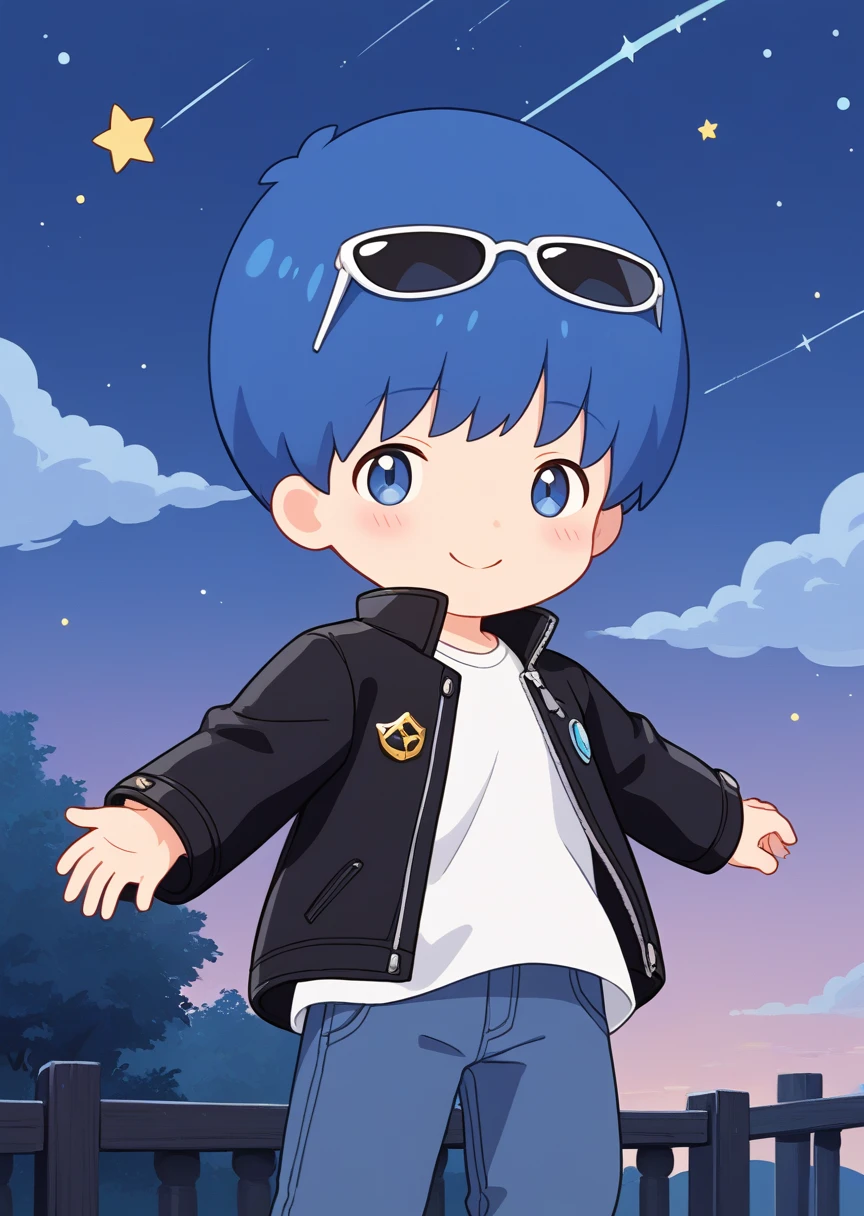 score_9, score_7_up, source_anime, BREAK
kikitw1n, human, male, solo, blush, smile, short hair, , long sleeves, 1boy, blue hair, male focus, night sky, cloud, chibi, star (symbol), leather_jacket, white shirt, jeans, sunglasses