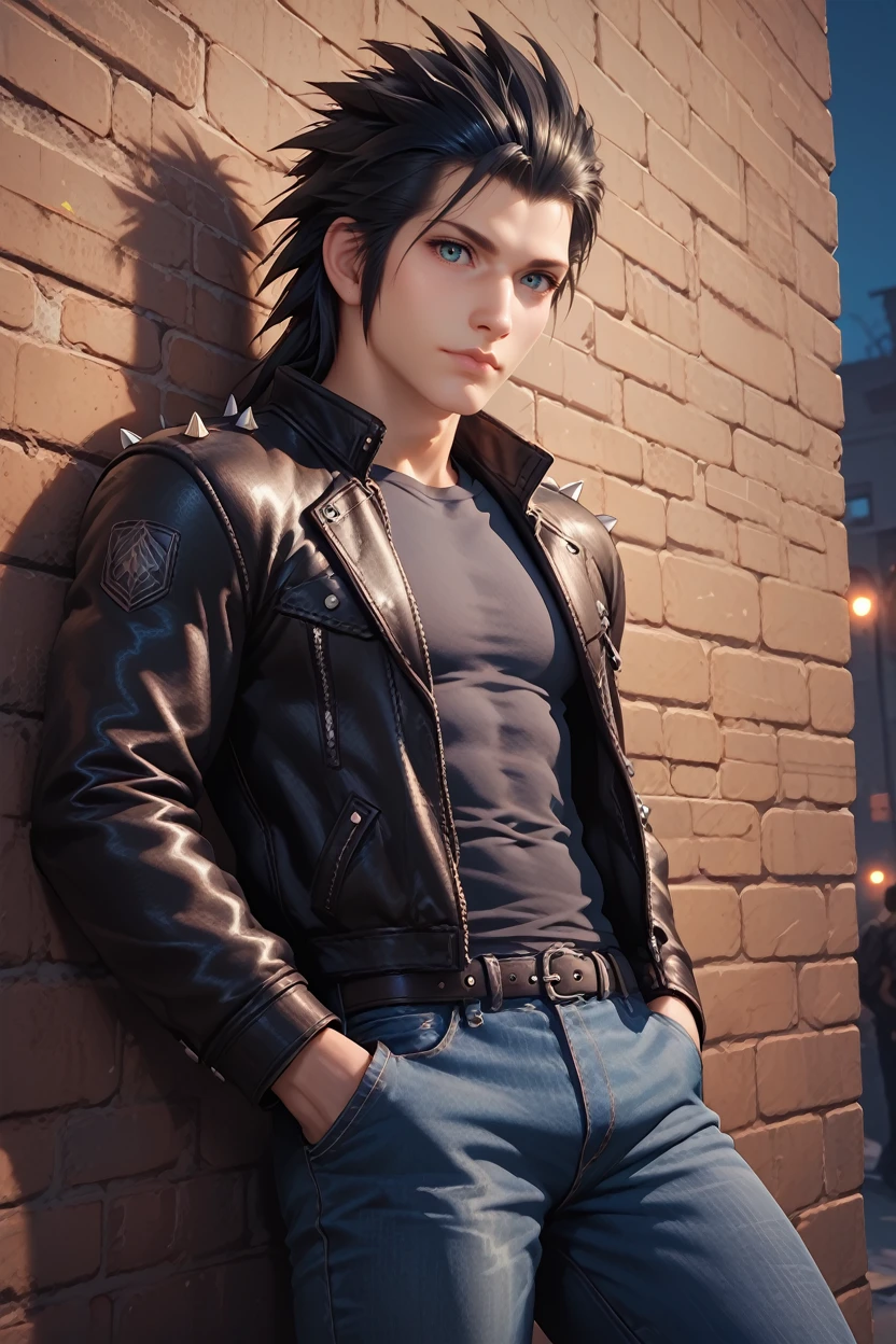 score_9, score_8_up, score_7_up,
<lora:FFZack:0.8>
FFZack, 1boy, black hair, spiked hair, blue eyes, looking at viewer, leaning against wall, outside, leather jacket, jeans, hands in pocket, at night