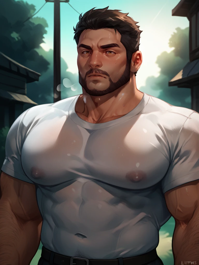 Very attracted, solo,onsen, facial hair, muscular hairy body, holding loincloth, buzz cut,