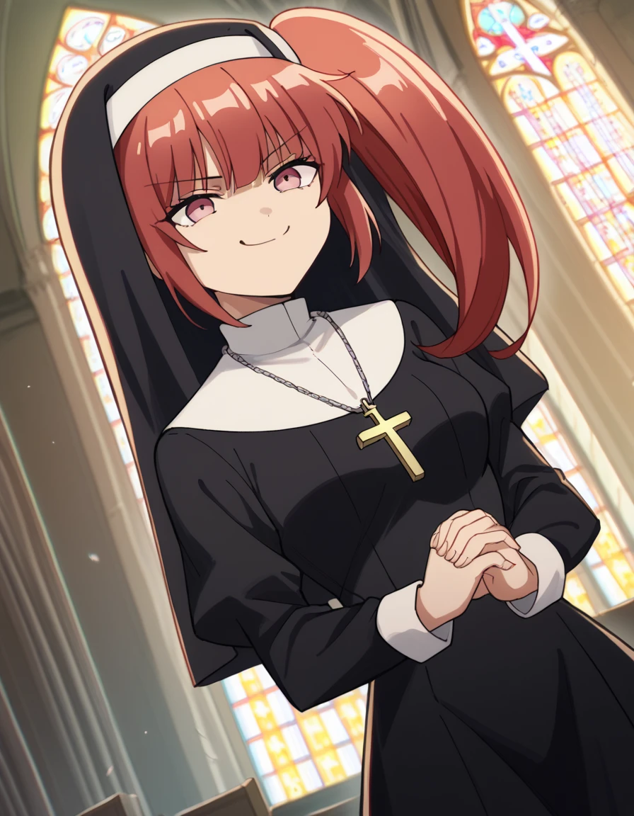 score_9, score_8_up, score_7_up, source_anime, <lora:chastille-lillqvist-s1-ponyxl-lora-nochekaiser:1>, chastille lillqvist, long hair, red hair, side ponytail, pink eyes, medium breasts,, <lora:traditional-nun-ponyxl-lora-nochekaiser:1>, traditional nun, nun, habit, long sleeves, dress, black dress, jewelry, black veil, cross, cross necklace,, church, smug, praying,, , dutch angle, cowboy shot