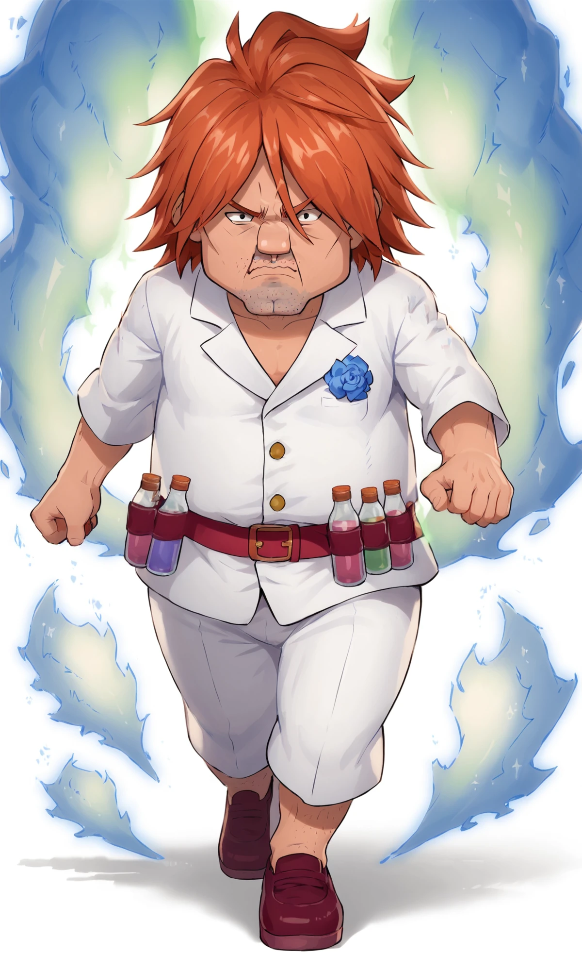 score_9, score_8_up, score_7_up, ichiya76, solo, 1boy, facial hair, orange hair,  shoe, nose, dress, jacked, (white dress:1.5), white pants, (aura:1.4), blue ki aura cover body,   full body, (white background:1.3),  dwarf, super hero pose, afraid,  badass,  , walking, flower, small man, shoulder logo,  <lora:hg-000005:0.9>, red belt, Graduated Cylinder, lab bottles, sleeves