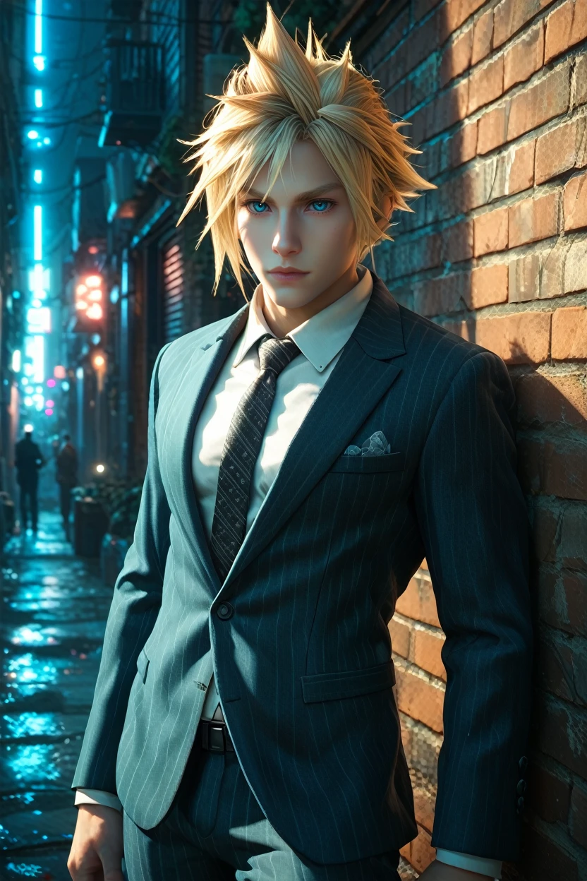 score_9, score_8_up, score_7_up,
<lora:FFCloud:0.8>
FFCloud, 1boy, blonde hair, spiked hair, blue eyes, looking at viewer, In a dimly lit urban alley, tailored black suit, ambient neon lights casting shadows, leaning confidently against a brick wall, cowboy shot