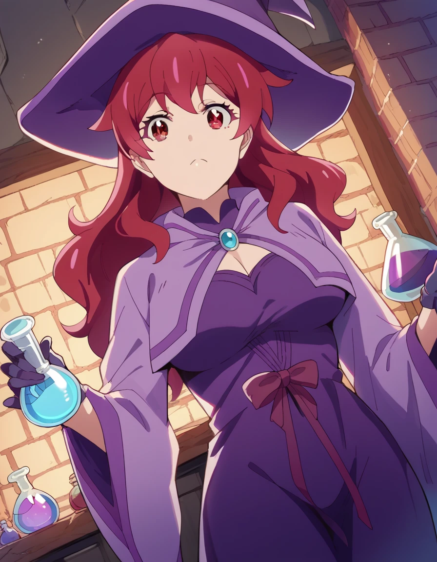 score_9, score_8_up, score_7_up, source_anime, <lora:natsumi-oohashi-s1-ponyxl-lora-nochekaiser:1>, natsumi oohashi, long hair, red eyes, red hair, large breasts,, <lora:wizard-ponyxl-lora-nochekaiser:1>, wizard, wizard hat, robe, dress, long sleeves, gloves,, indoors, bricks, potion, flask, vial,, cowboy shot,, , dutch angle, cowboy shot