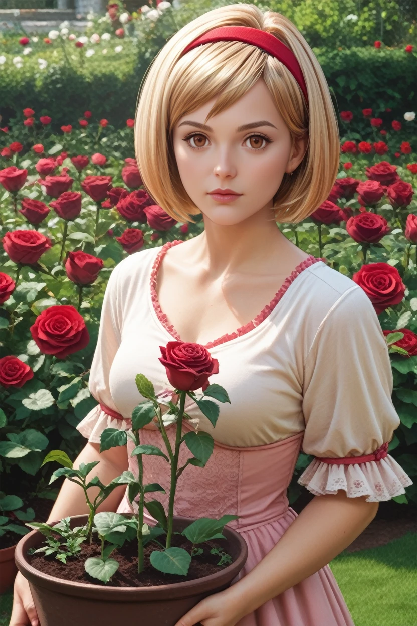 score_9, score_8_up, score_7_up,
<lora:GFGita:0.8>
GFGita, 1girl, blonde hair, brown eyes, short hair, hairband, looking at viewer, rose garden, gardening, floral background