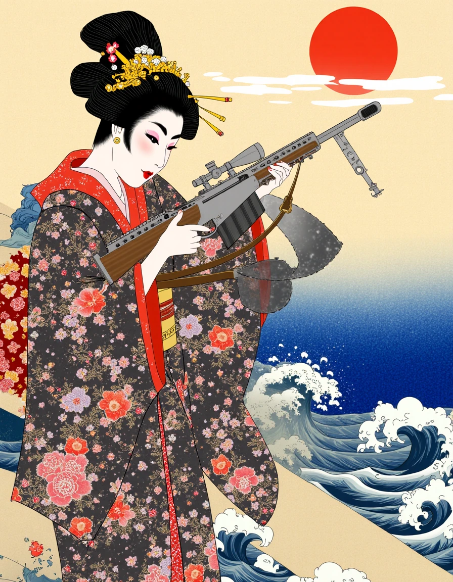 This is a work of ukiyo-e. A beautiful geisha wearing an ornate kimono aims a Barrett M82, ocean in the background, surreal art, <lora:flux-ukiyoe:0.75>, <lora:Barrett_M82:1>, weapon, gun, rifle, sniper rifle, scope, military