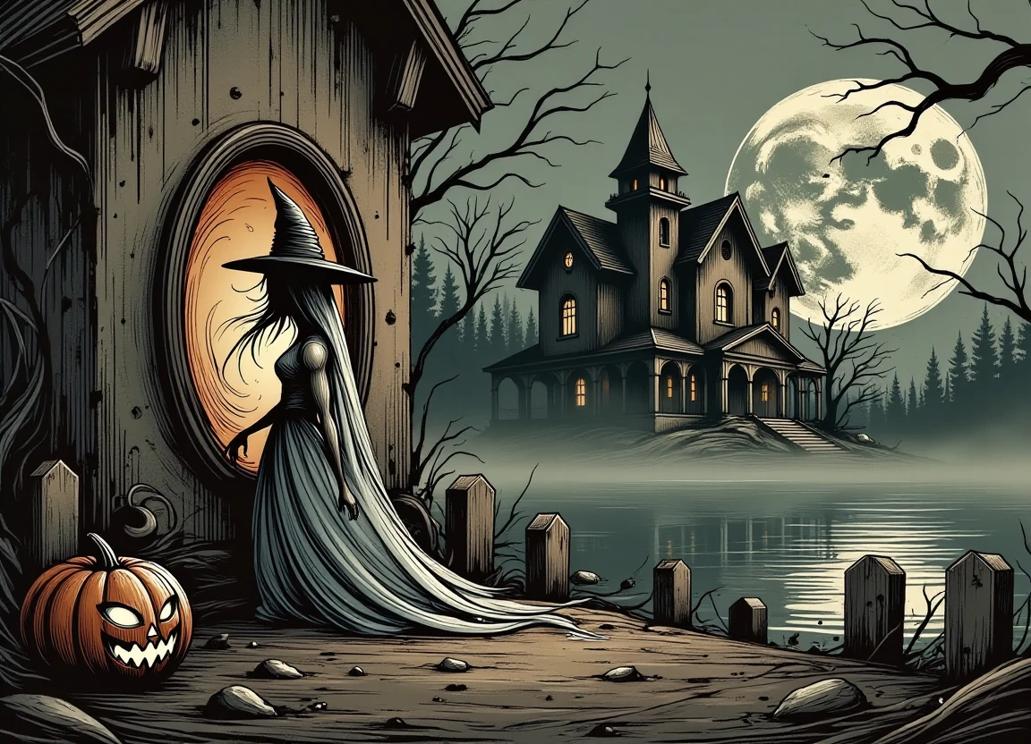 A dark and misty lake with a ghostly female figure dressed in a white wedding dress and a pointed black hat, surrounded by tombstones, standing in front of a dilapidated mansion with a window that serves as a haunted mirror, while a malevolent spirit lurks in the shadows, and a pumpkin carving on the wall glows with an eerie light.