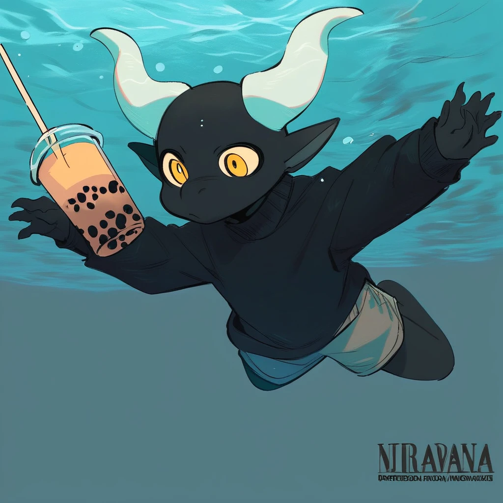 score_9_up, score_8_up, score_7_up, source_furry. mikus-concept, parody, underwater, swimming, album parody, nirvana nevermind, black dragon, black body, white horns, yellow eyes, holding, bubble tea, black sweater, gray shorts,