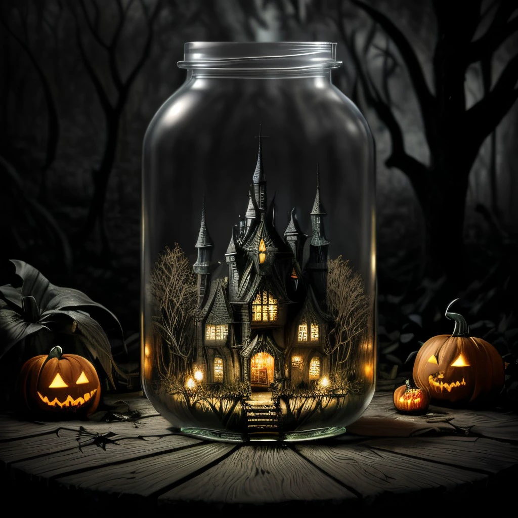 masterpiece, intricate photo, enchanted swamp, haunted house in a glass bottle, magic forrest, gothic style, vampire style, dark art, halloween, pumpkins, hyper realistic, highly detailed, sharp focus, cozy outdoor lighting, best quality, high resolution, 8K,  <lora:GlassBottle:0.7>