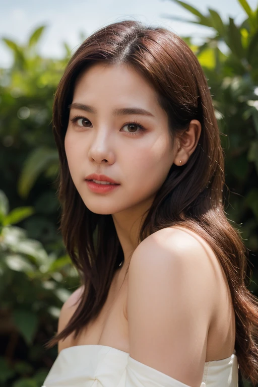 masterpiece, best quality, ultra-detailed, ultra high res, (photorealistic:1.4), raw photo, (realistic:0.2), 8k HDR, realistic cool temperature lighting, (asian:0.2), 1girl, solo, asymmetrical hair, outdoor, day, (simple background:1.2), bokeh, (detailed lips), (detailed pores), (detailed skin textures with pinkish tinge), (detailed face:1.2), (upper body:1.2), a woman in a white strapless tube dress, promotional image, a character portrait,