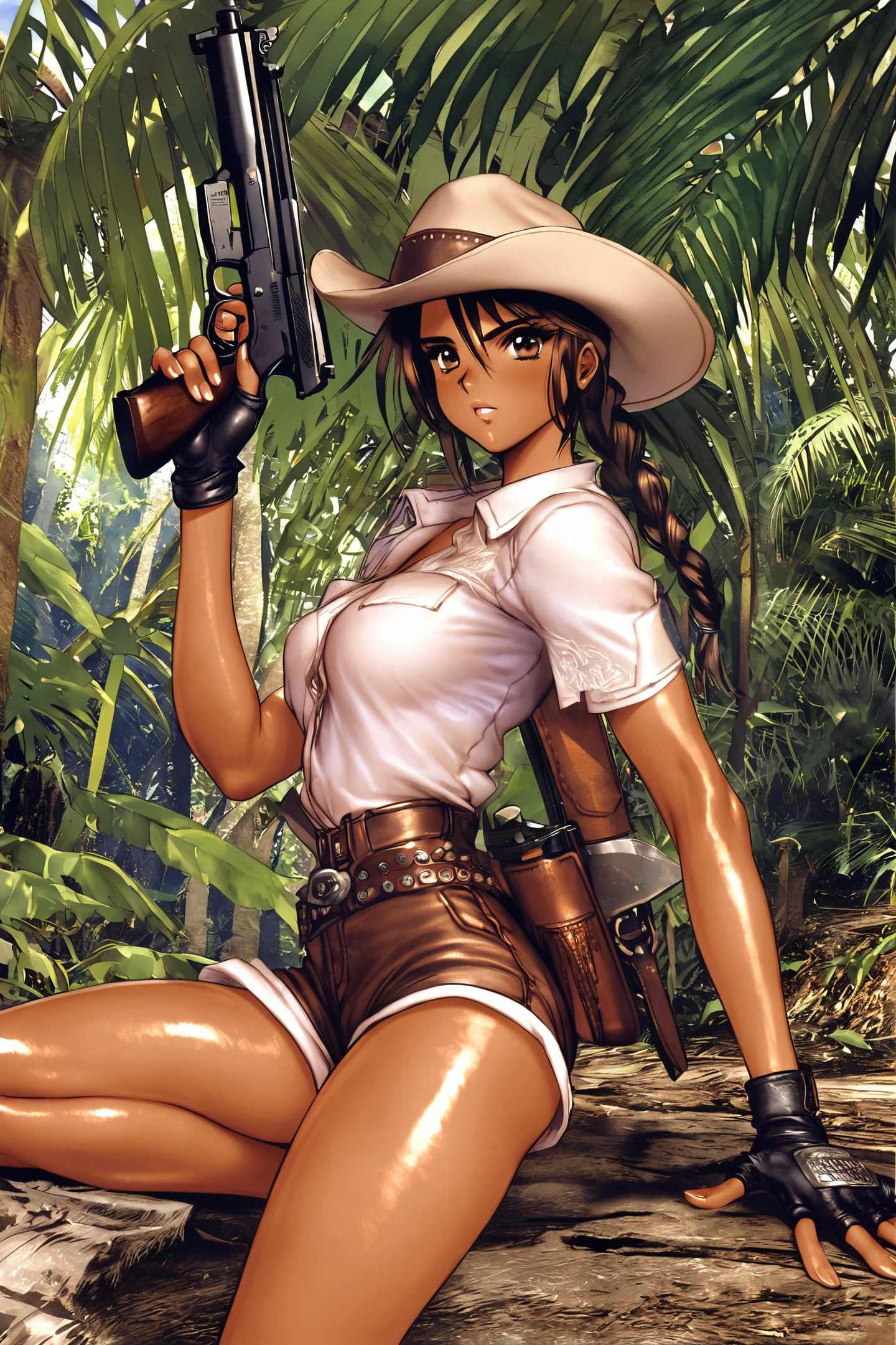 1girl,solo,brown eyes,shorts,dark skin,shiny skin,hat,weapon,brown hair,gun,gloves,braid,jungle,shirt,breasts,cowboy western,fingerless gloves,
<lora:Masamune Shirow_XL:0.8>,