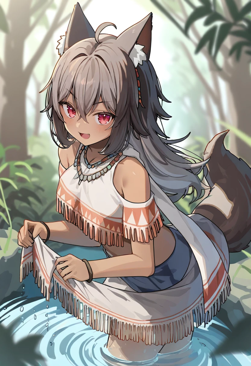 <lora:ningenMameXL_il_lokr_V53P1:0.95> 1girl, animal ears, dark skin, solo, dark-skinned female, red eyes, tail, wading, looking at viewer, long hair, animal ear fluff, outdoors, ahoge, hair between eyes, smile, fringe trim, bangs, water, brown hair, jewelry, fang, skirt, bare shoulders, open mouth, blush, standing, nature, blurry, bracelet, grey hair, breasts