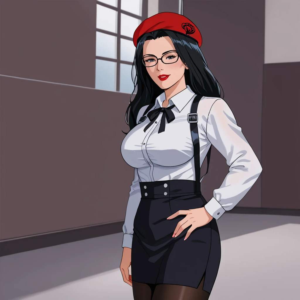 <lora:BaronessGiJoe_pony_v1:0.75> Baroness, 1girl, black hair, solo, glasses, lipstick, large  breasts, long hair, makeup, red lips, retro artstyle,  1980s (style), cowboy shot, <lora:0902 Home wear 5_v1_pony:1> ruanyi0902,beret,black ribbon,collared shirt,black pantyhose,high-waist skirt,white shirt,suspenders