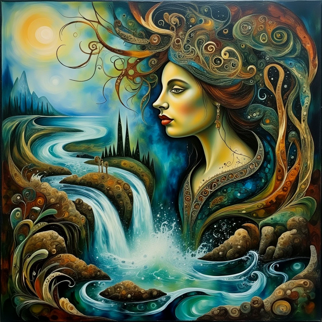 Painting of a woman whose tears flow down her face and into a river.

FlowAbsCE style

