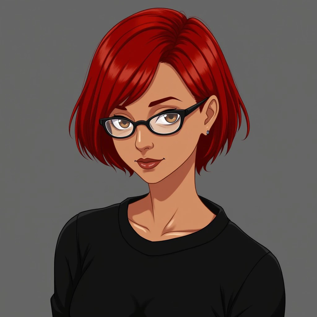 1woman,glasses,((tanned skin)),short hair,red hair, brown eyes, black sweater