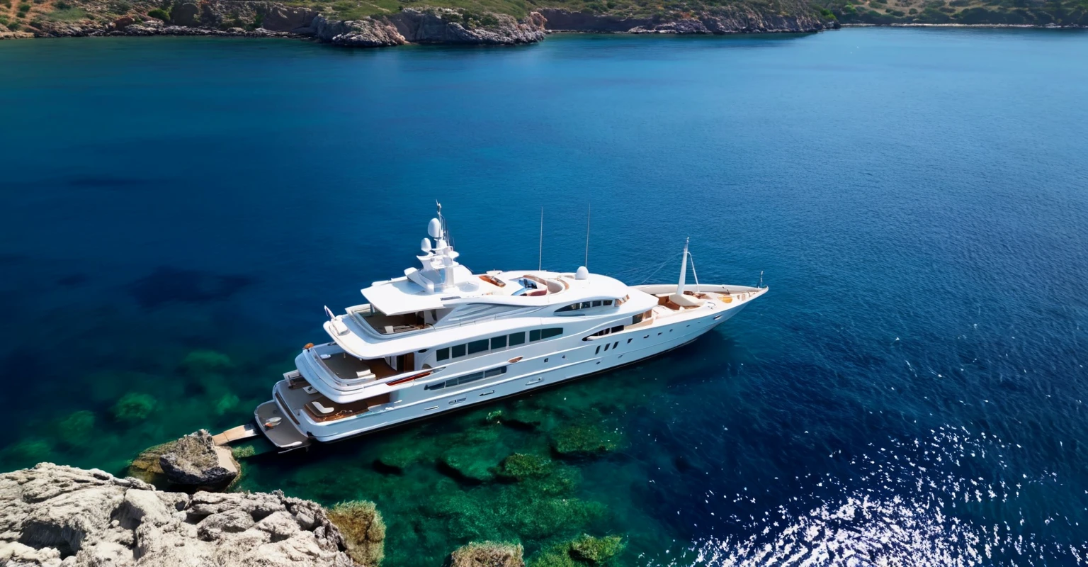 <lora:Flux_Hallett_Greece_Aerial:0.85>   luxury yacht outside of a rocky shore,