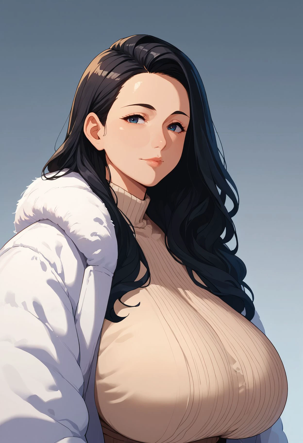 score_9,score_8_up,score_7_up,<lora:milfication_pdxl_goofy:1>milfication,  1girl,solo,mature female, milf,   looking at viewer, gigantic breasts, winter coat , upper body  , gradient background, long hair, black hair