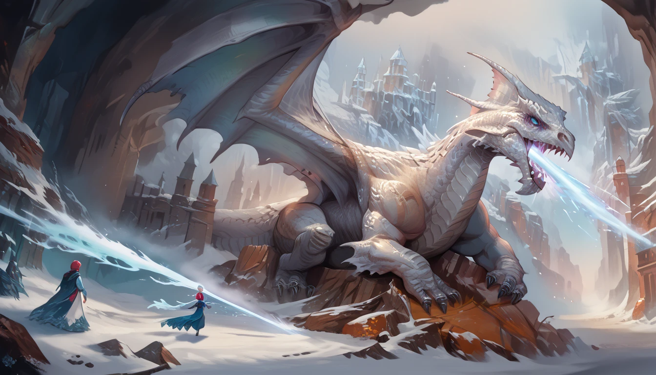 Masterpiece, score_9, score_8, score_7, highres, source_cartoon, 2.5D 
BREAK
detailed, Feral, dnd_dragon, dragon, whitedrg, (white scales:1.5),  breathing ice, beam of ice coming from mouth, (dragon tail), winter frozen  ruins background, membraned wings, wings,