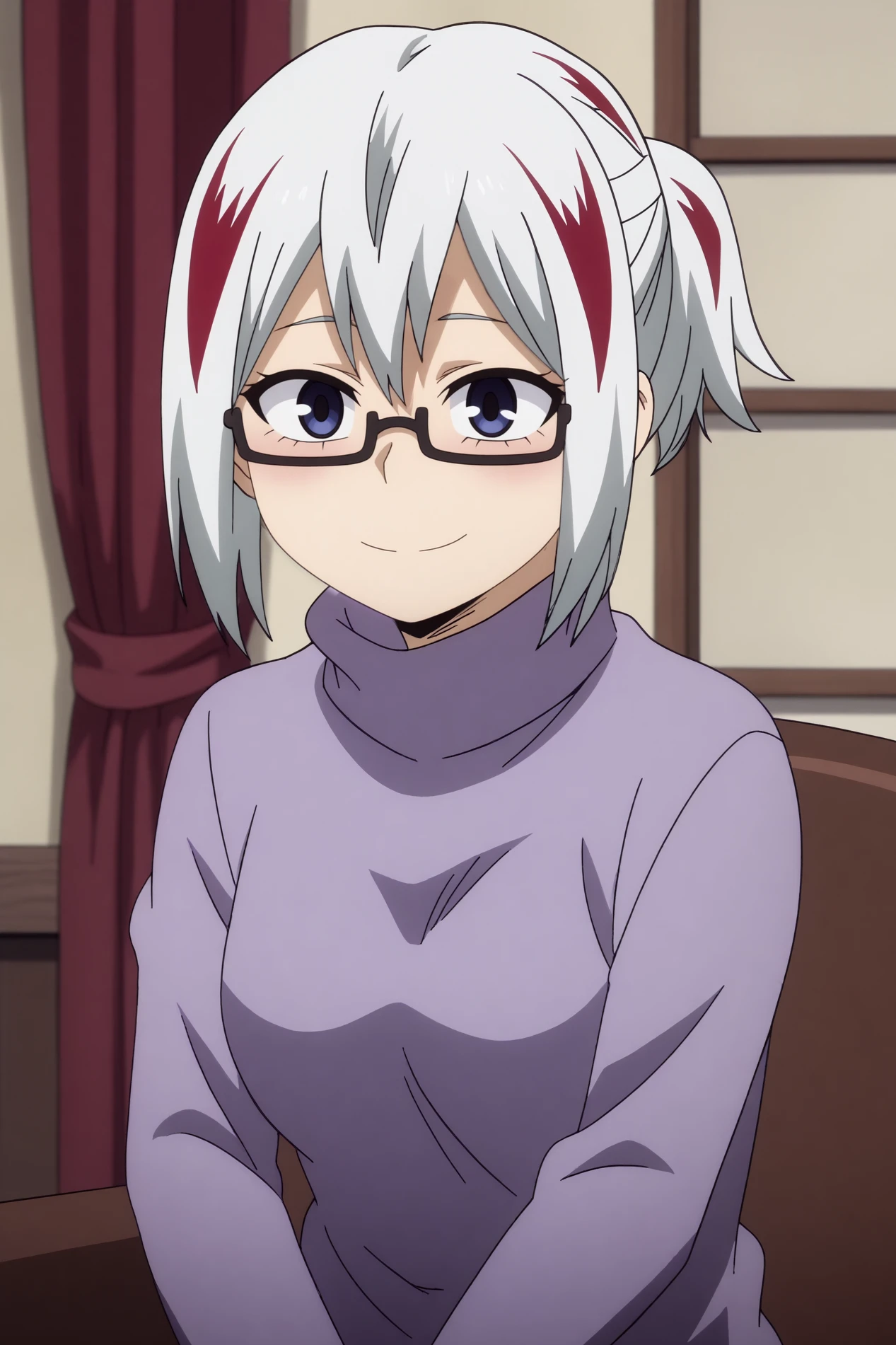  fuyumi todoroki,1girl,solo,glasses,red hair,multicolored hair,grey eyes,semi-rimless eyewear,streaked hair,white hair,turtleneck,sweater,smile,short hair BREAK indoors,house,decoration,windows,curtains,living room,sofa       own hug,   <lora:Fuyumi_Todoroki_-_My_Hero_Academia.safetensors:0.8>