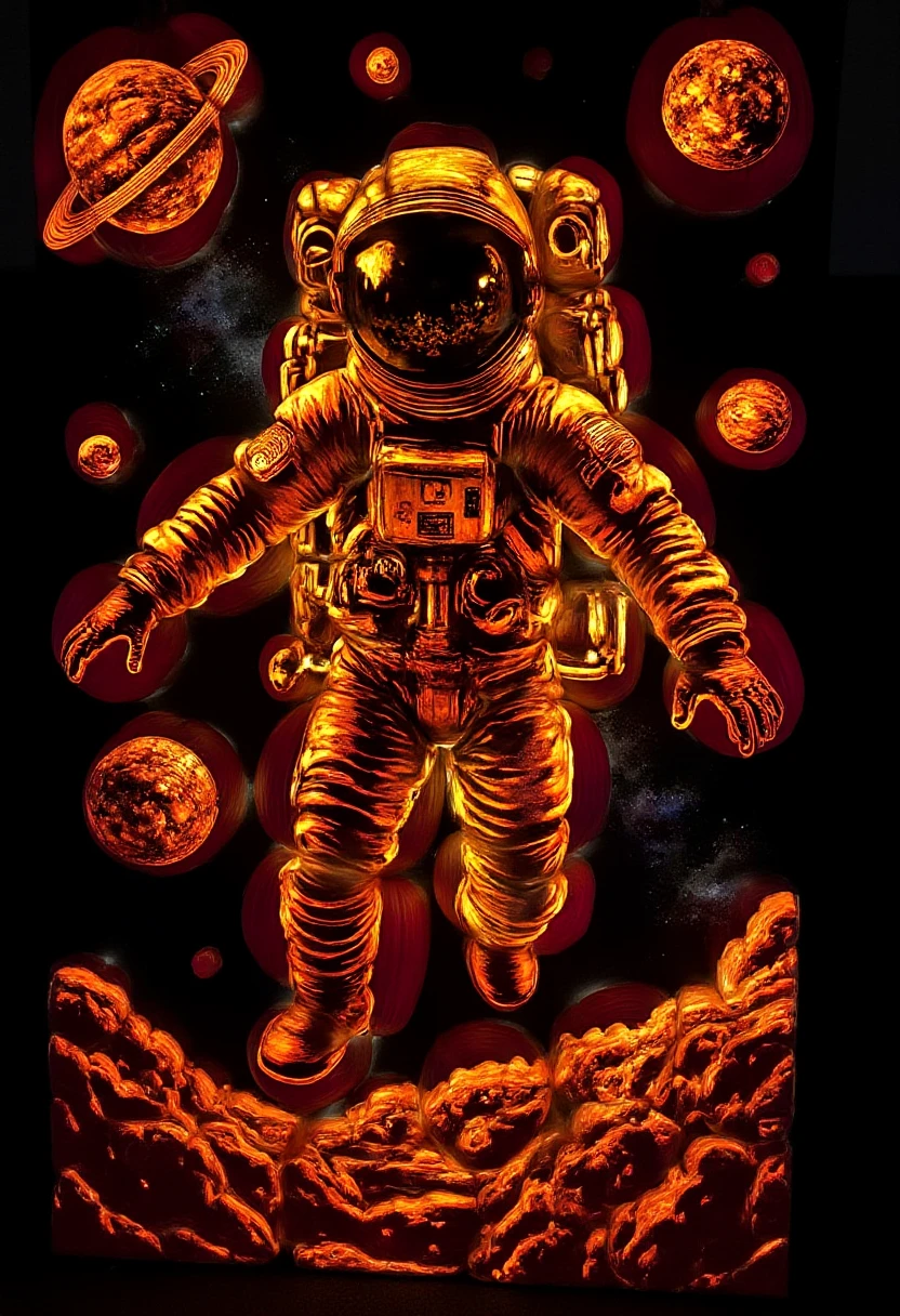 A large pumpkin sculpture of a cosmic astronaut floating in space, with swirling galaxies and planets scratched into the surrounding pumpkins. The helmet reflects a distant nebula, and the deep space scene feels like it extends into infinity. Like a sci-fi movie poster with a surreal twist.