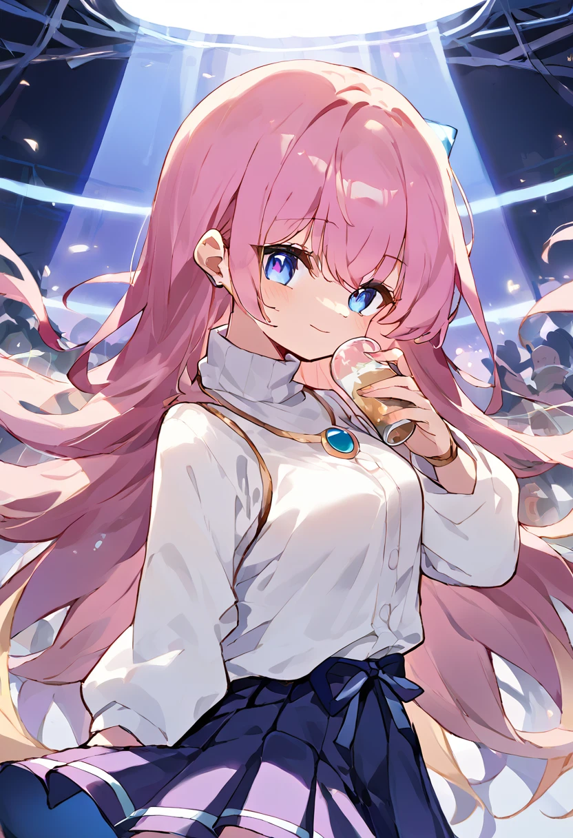 score_9,score_8_up,score_7_up,source_anime,zPDXL3,stage,stage lights,
*//*,<lora:Angelic_Buster-v1.2-000004:1>,1girl,pink hair,straight hair,long hair,white cardigan and sweater,turtleneck,brown checked skirt and Pleated skirt,
*//*,upper body,