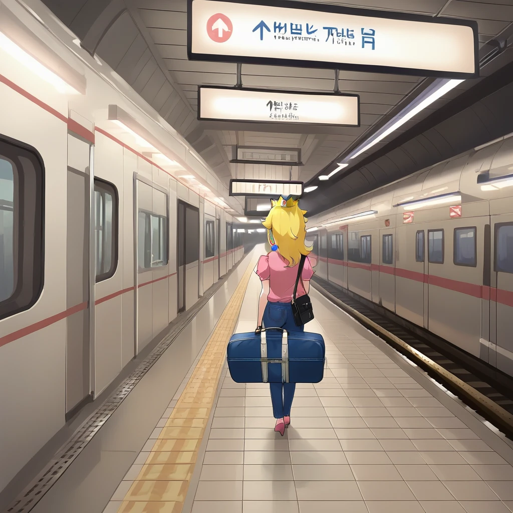 score_9, score_8_up, score_7_up, score_6_up, score_5_up, score_4_up, zPDXL2,source_anime,rating_questionable,1girl, princess peach, jeans, shirt, solo, suitcase, tourist, subway train,  <lora:Subway_Station:0.8> sbw4y, indoors,railway tracks, lights, signs, shinkansen