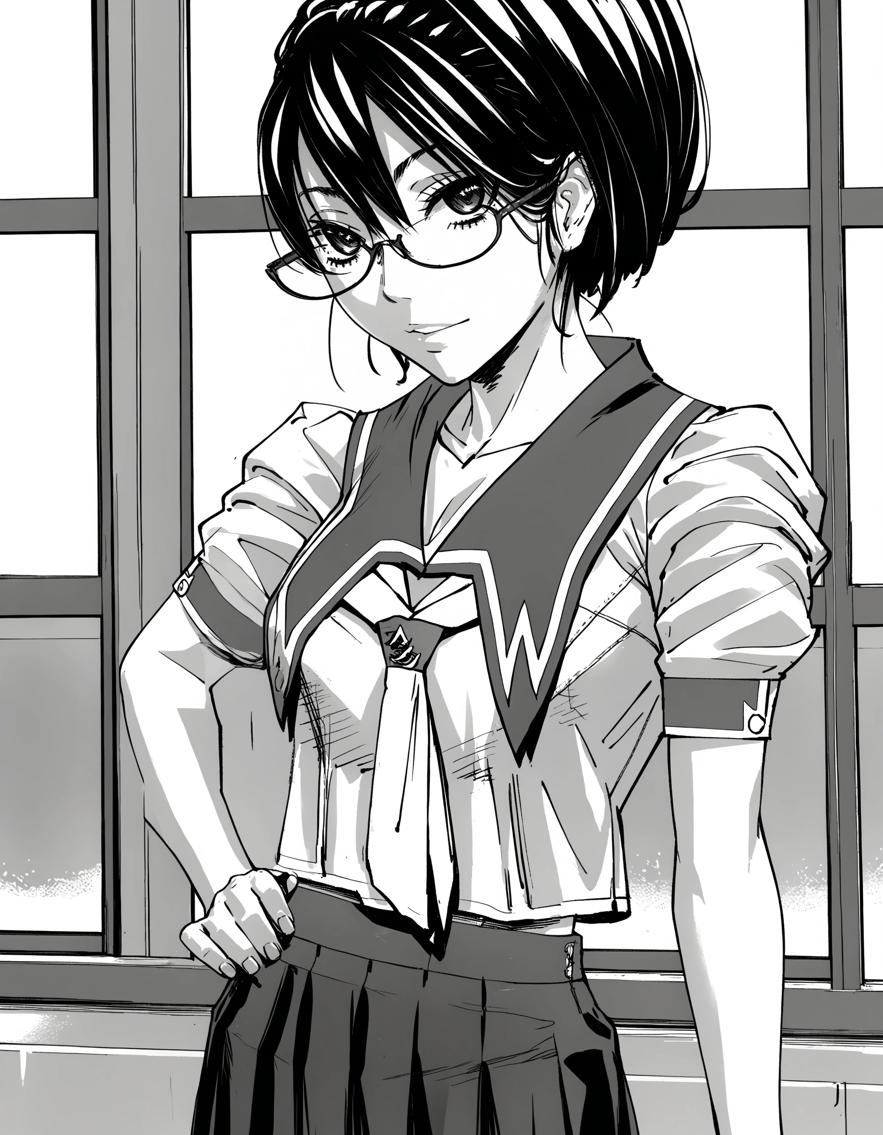 score_9, score_8_up, score_7_up, monochrome
BREAK 1girl, <lora:MikaXL-v3:1>, m1ka, short ponytail, glasses, school uniform, serafuku, sailor collar, neckerchief, shirt, short sleeves, midriff, navel, pleated skirt, looking at viewer, cowboy shot